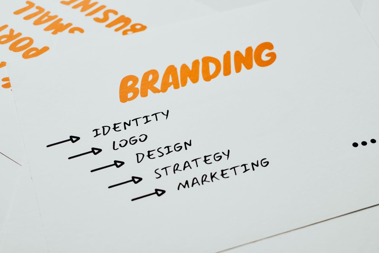 about-01 Close-up of a paper with branding, identity, design, strategy, and marketing concepts in orange and black.